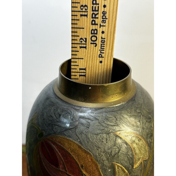 Large Vintage Brass & Enamel Cloisonné Painted Vase Pink Floral 11.5” Tall READ - Picture 9 of 9